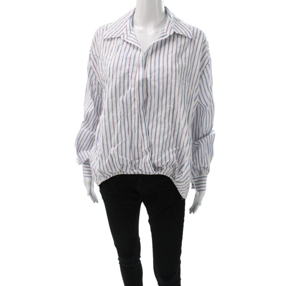 Cinq à Sept Women Blue Striped Collared Long Sleeve Basic Blouse Size S